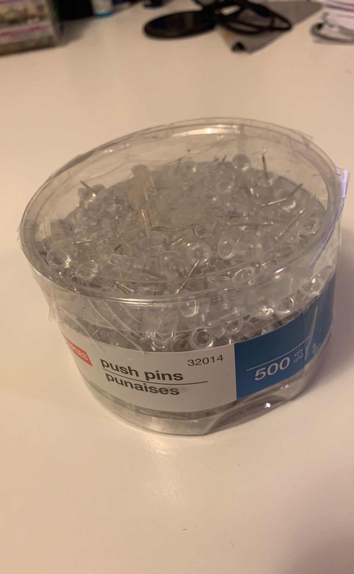 Staples just under 500 clear push pins