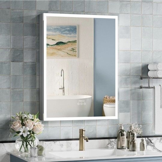 Medicine Cabinet with Lights, 24x32 Inch LED Mirror with 3 Color Lighted, Dimmable, Defogger, Clock & Temp, Surface or Recessed