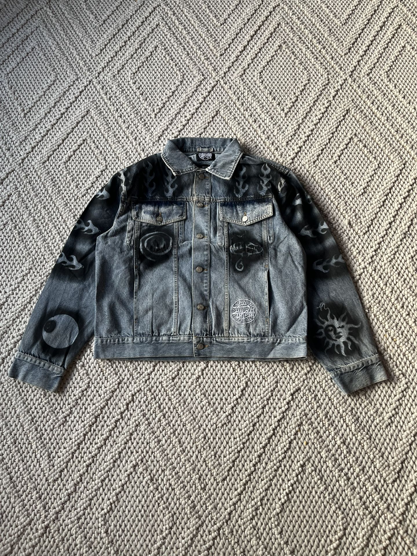 Dries Van Noten x Stüssy Stencil Graffiti Men Denim Blue Button Up Jacket
