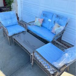 4pc patio furniture set wicker conversation set with cushions and pillows, blue.