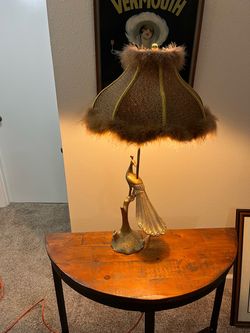 Vintage Brass Peacock Table Lamp with Feather Shade