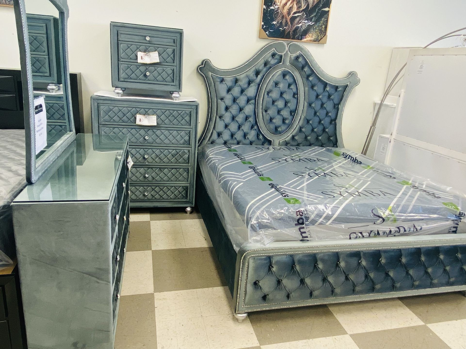 Bed, Dresser , Mirror, Chest