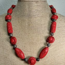 Vintage Carved Cinnabar Sterling Silver Necklace