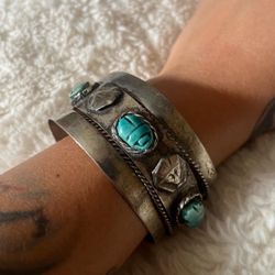 Egyptian Faience Scarab Cuff Bedouin Silver Bracelet Turquoise Stone Bead