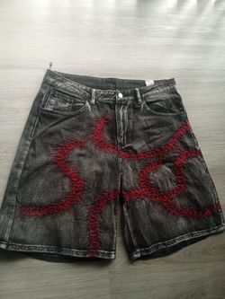 Washed Black Denim Shorts Red Centipede Embroidery