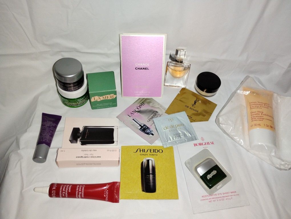 Luxury perfume and various skin care samples