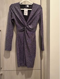 New with Tag H&M Glitter Sparkling Twist-Front Long-Sleeve Party Dress Size XS