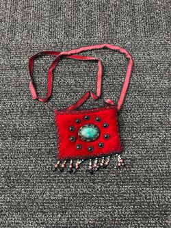 Beaded Red Velvet Crossbody Bag with Turquoise Accent