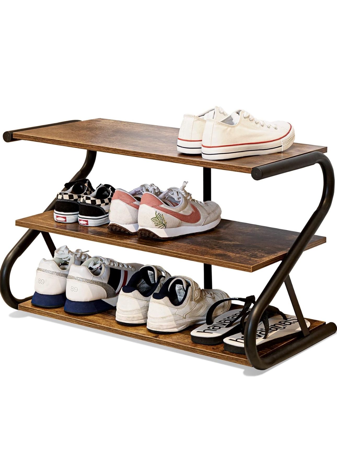 3-Tier Shoe Rack, Z-Frame Wooden Shoe Shelf with Durable Metal Shelves for Hallway, Living Room, Closet, Bedroom (Rustic) 100+ bought in past month
