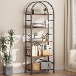 Arched 5 Tier Bookshelf, Brown Open Storage Bookcase Home Office Bookcase for CDs/Books, Storage Organizer, Modern Book Shelf for Bedroom/Living Room