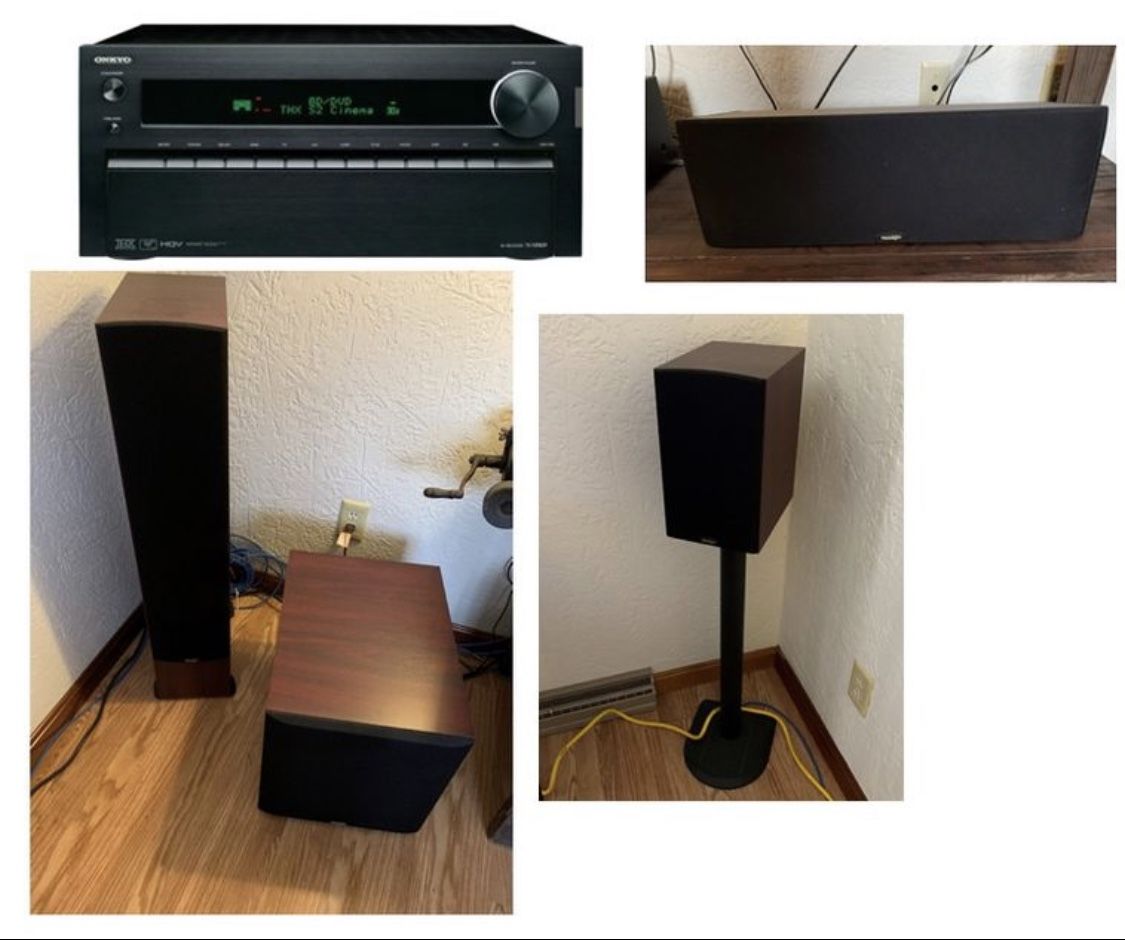 RECEIVER AND SIX SPEAKERS - PARADIGM SPEAKERS AND ONKYO RECEIVER - ALL WIRES INCLUDED