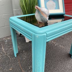 Two teal Shades Sofa Tables Glass Top