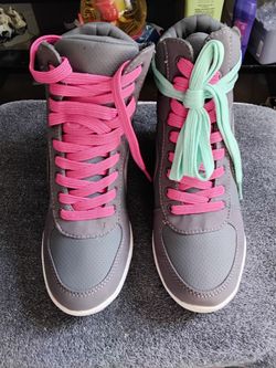 Gray High-Top Wedge Sneakers w/ Pink & Mint Laces Size 8.5