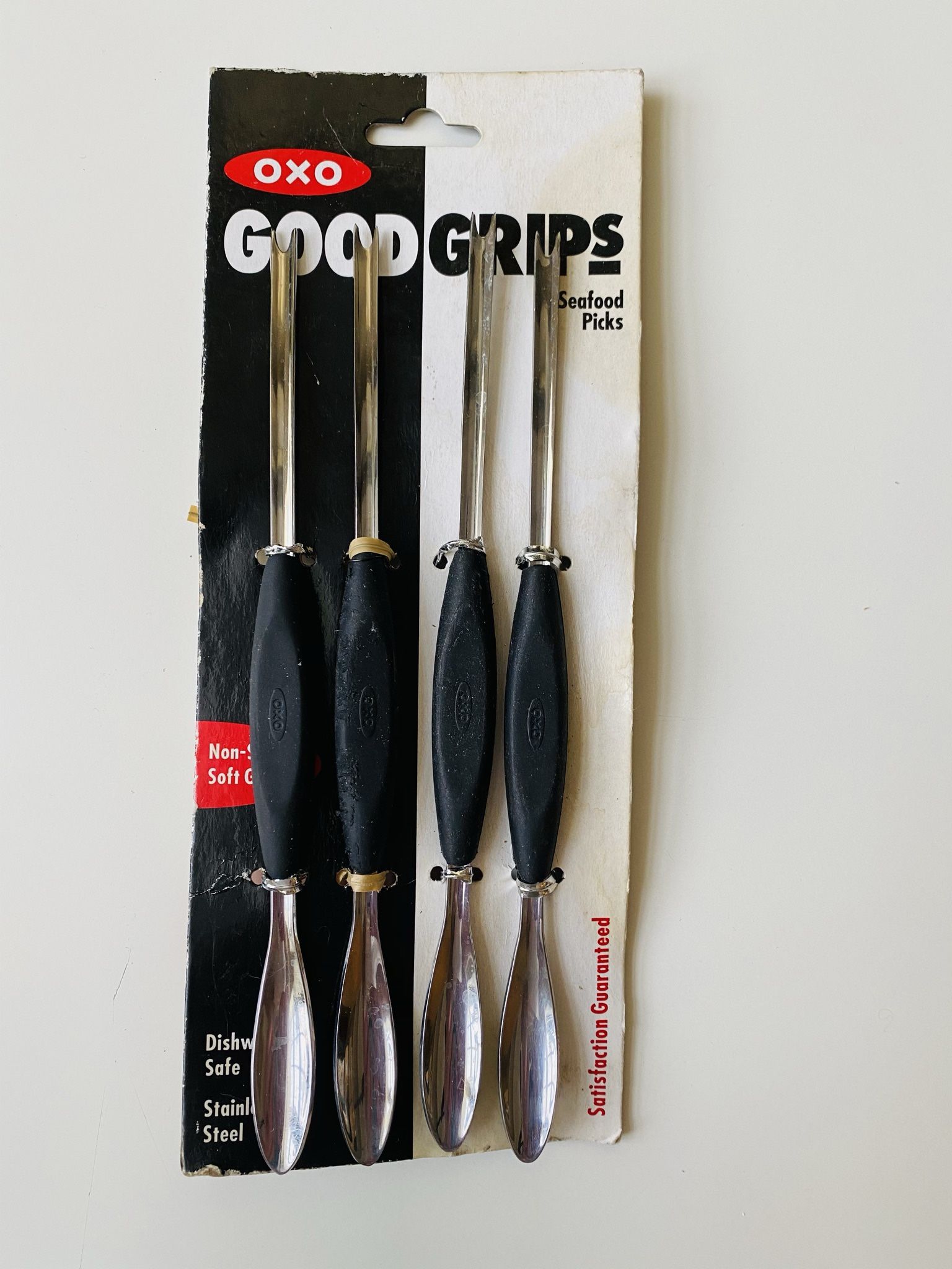 Vintage Antique Seafood Picks. OXO Good Grips. Tines for picking, Spoon for scooping. Stainless steel. Soft Rubber Grip. Won’t slip, even when wet. Di