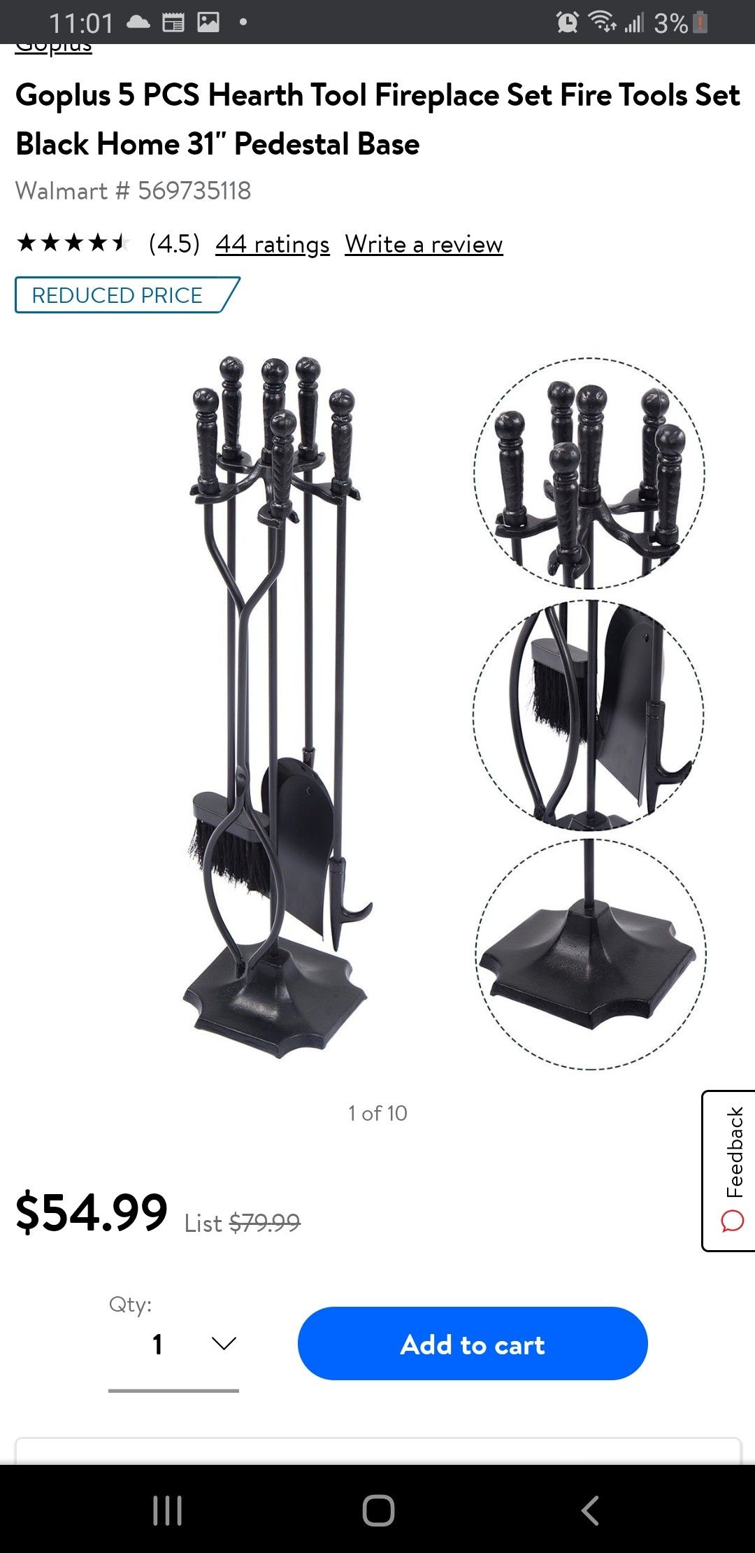 5 PCS Hearth Tool Fireplace Set Fire Tools Set Black Home 31'' Pedestal Base