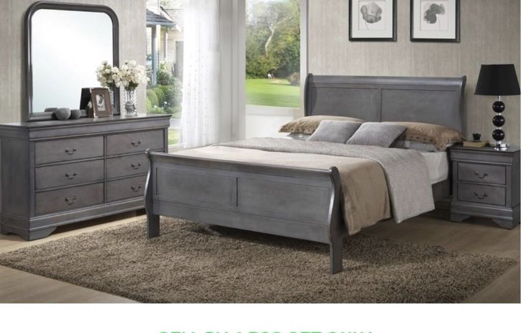 New Grey Bedroom 4pc Set Bed,dresser,mirror, Nightstand  We Finance $39 Initial Payment 