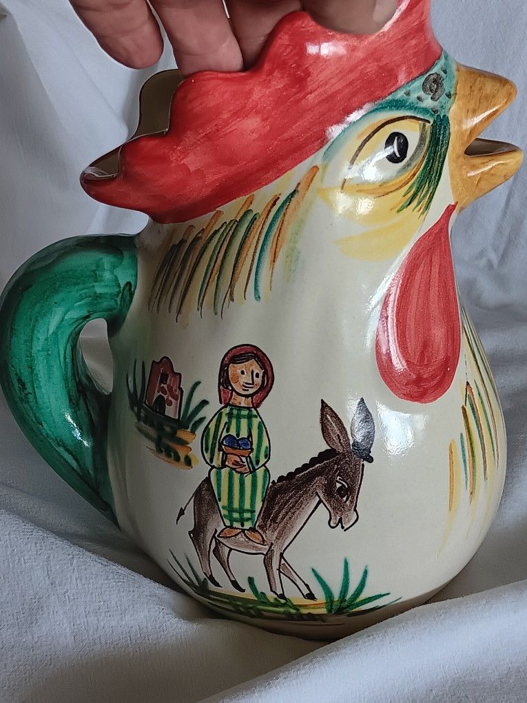 Vintage Hand Painted Rooster/chicken Pitcher 10" Tall