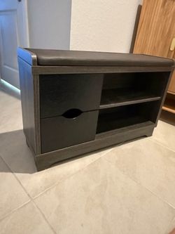 Gray wash entryway storage bench w/ drawer + shelving, plus matching black wall-mounted cubby shelf w/ hooks