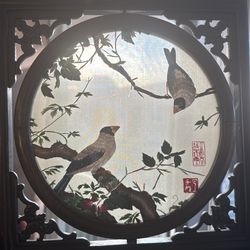 Vintage Chinese Carved Wood Silk Embroidery Screen – Birds
