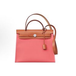 HERMES Herbag Zip Metal Accessories Canvas Cowhide Handbag Women's Rose Pink(199)82