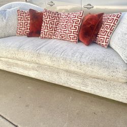 Gorgeous High End Mid Century Modern Style Light Gray Faux Fur 96” Down Filled Sofa w/ Brass Trim
