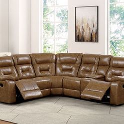 New Reclining Sectional.  Brown Leatherette.  88”x100”x38”H.  Free Delivery!