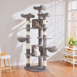73" Space-Saving Cat Tree/Multi-Level Tall Cat Tower with Perches/Scratching Posts/Condo & Hanging Baskets/Modern Fan-Shaped Design for Indoor Kitties