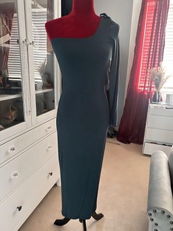 One-Shoulder Long Sleeve Midi Dress in Slate Green