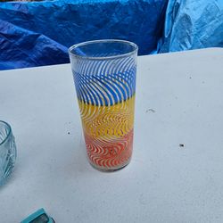 Vintage MCM Tri-Color Wave Highball Glass - Red Yellow Blue