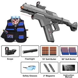 Toy Gun Automatic Sniper Rifle Tactical Vest Toy Foam Blaster with 150 Darts IR and Flashlight Foldable Stock The Shooting Activity Game for Kids Age 