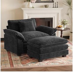 Oversized Accent Chair with Ottoman, Chenille Cloud Couch Chair with Deep Seat and Extra Wide Armrests, Comfy Reading Armchair for Bedroom, Living Roo