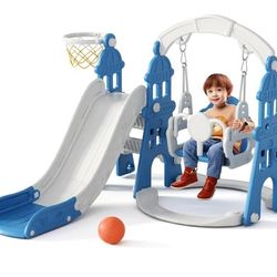 Blue and white slide and swing set with hoop