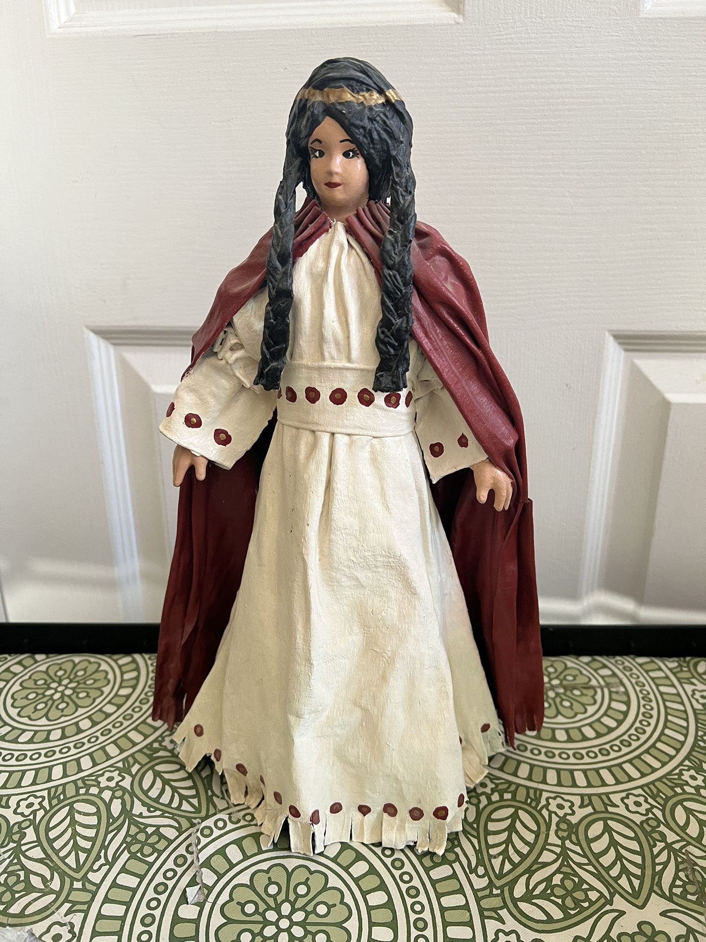 Vintage Paper Mache Indian Princess Doll 13.5" Black Braids, Painted Face