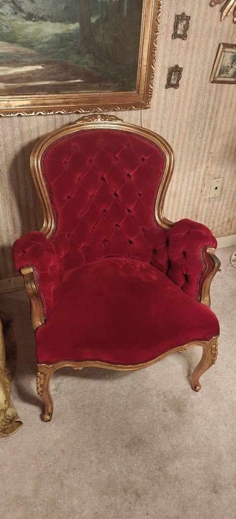 Louis XV Chair, Red Velvet, Buttoned Back