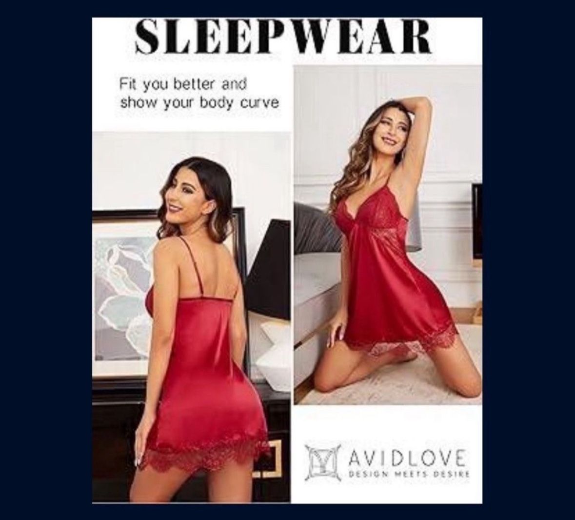 Avidlove Women's Silk Nightgown, Sexy Lace Sleeveless Satin Nightgown Shirt Dress