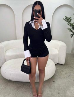 Black Long Sleeve Collared Romper
