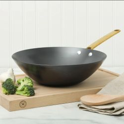 Martha Stewart Carbon Steel Nonstick Wok, 12-inch, Gold Handle