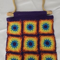 Vintage Granny Square Crochet Rainbow Handbag Boho Hippie Purse Handheld 17.5x10