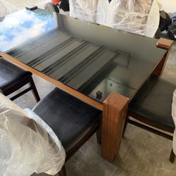 Solid Hardwood Dining Table Set w/ Tempered Glass Top + 6 Chairs – Modern Style