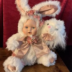 Baby Bunny, Ceramic Blue Eyed Plushy Easter Doll Vintage