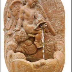Vintage Signed Concrete Outdoor Wall Water Fountain Cherubs