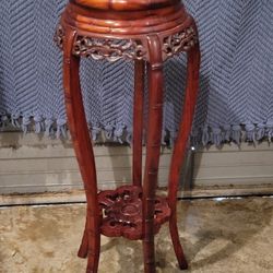 Tall Carved  Red Wood Chinese Marble Top Hall Console Table Pedestal