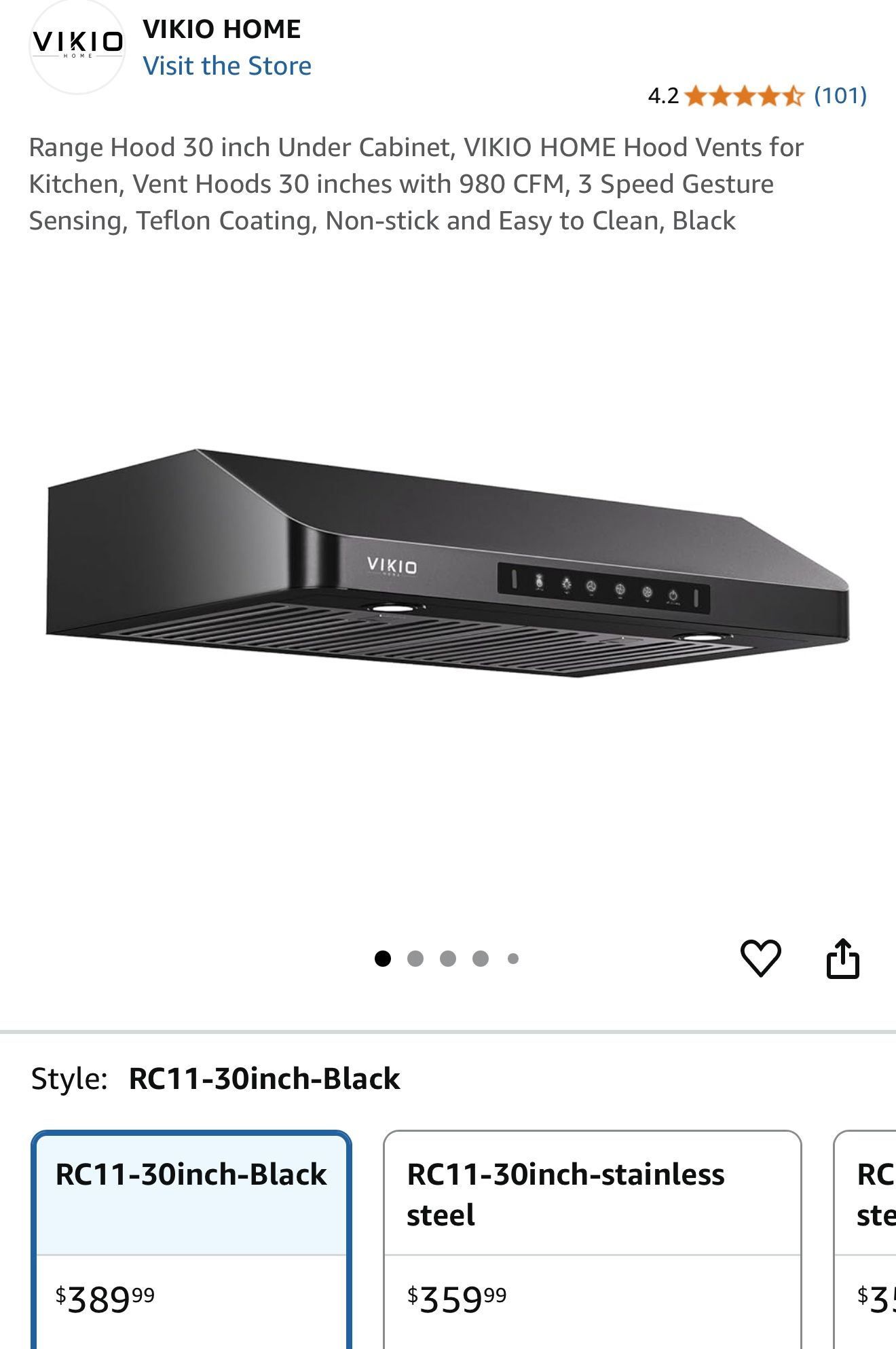 VIKIO HOME 30-Inch Under Cabinet Range Hood – Black Model RC11