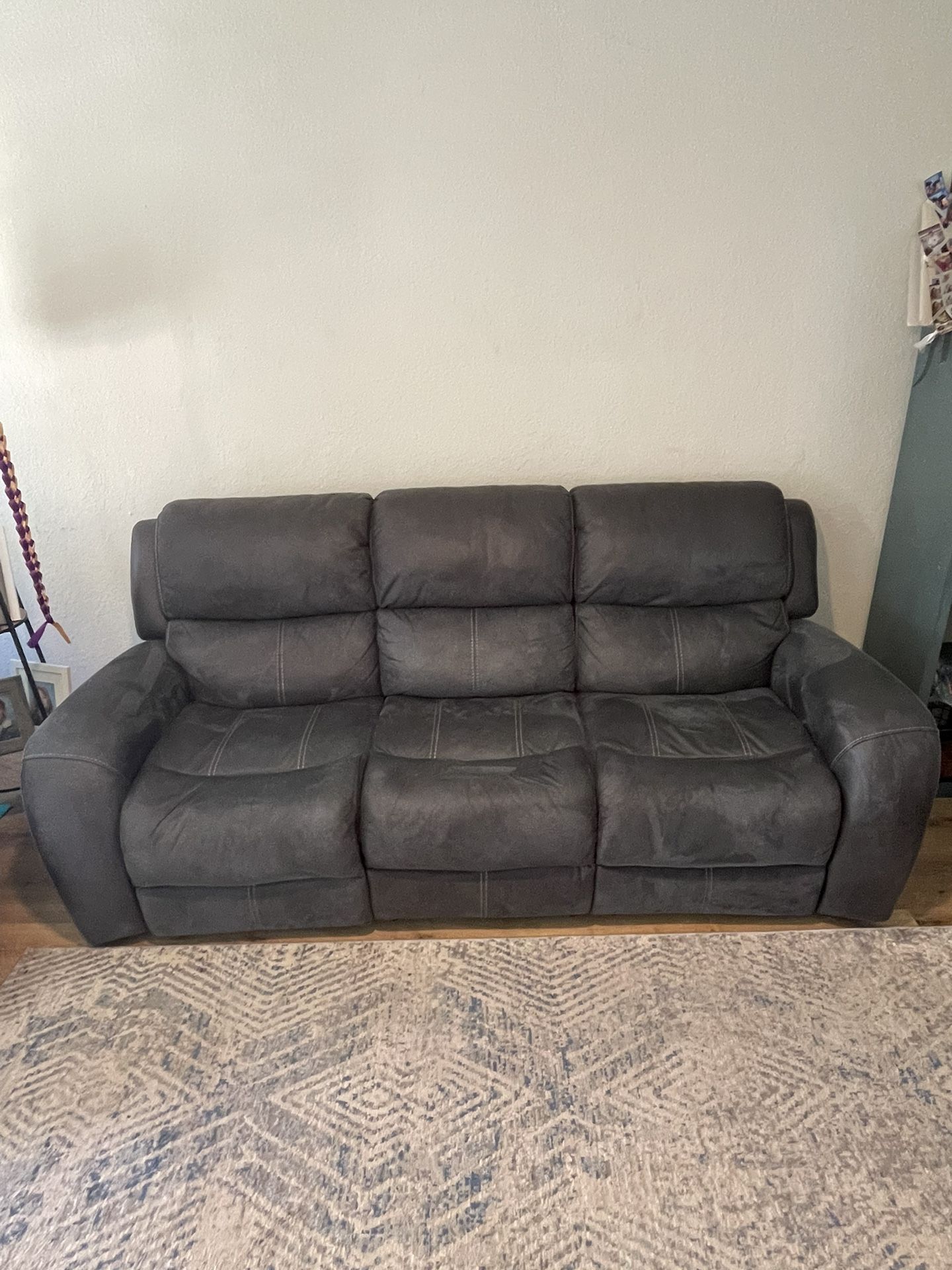 Gray/Blue Electric Reclining Suede Couch. 2 USB Ports ( 1 On Each Side)