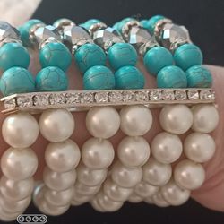 HSN- FAUX PEARLS/ TURQUOISE/ CZ STRETCH BRACELET