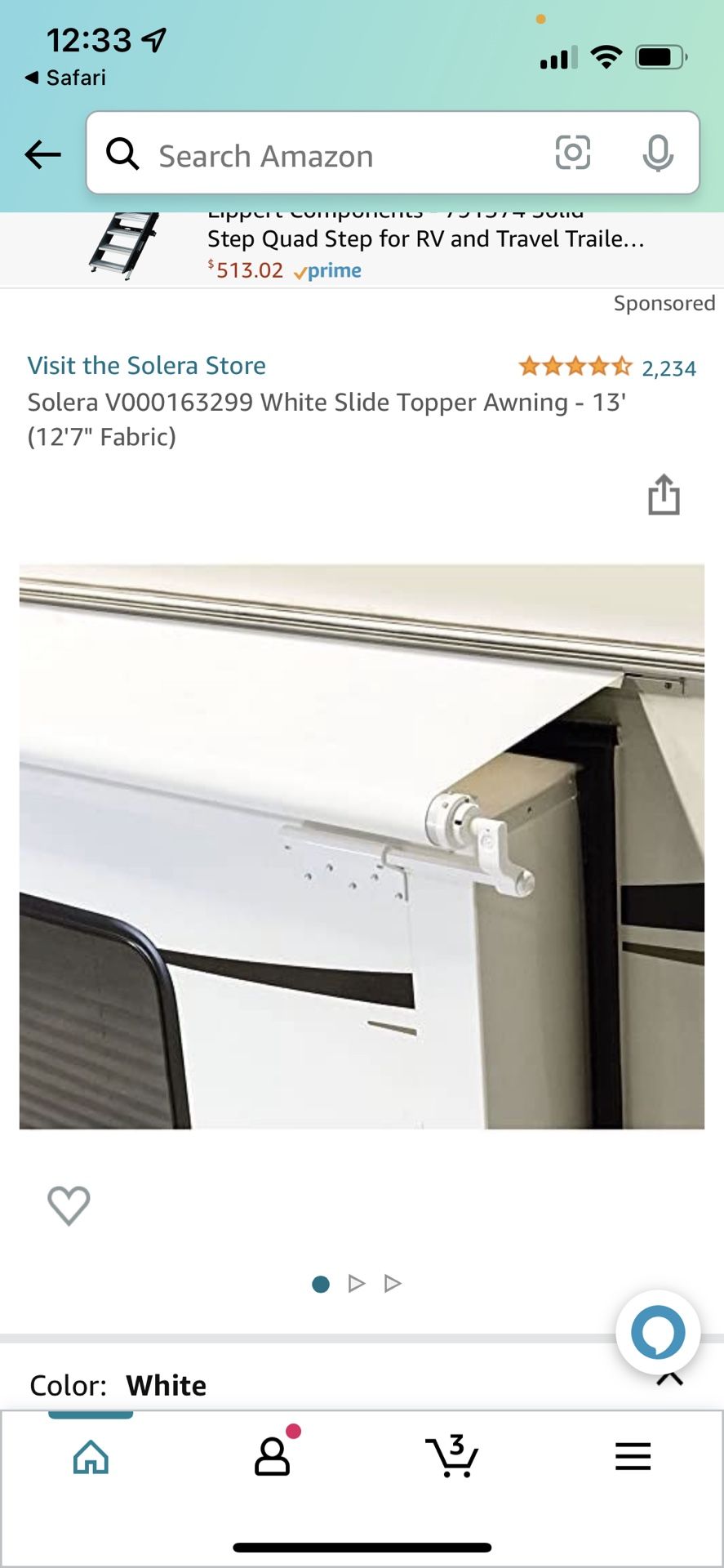 Solera RV V000163299 White Slide Topper Awning - 13' (12'7" Fabric)