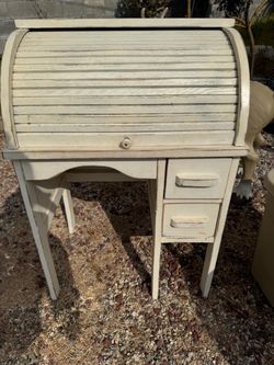 Vintage Distressed White Wood Roll Top Desk
