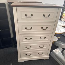 (New in box)White Tall 5 Drawer Dresser Dark Wood Top Metal Bail Handles(0101-2)(99$each)