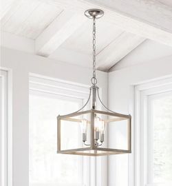 3-Light Brushed Nickel Pendant with Weathered Wood Accents.