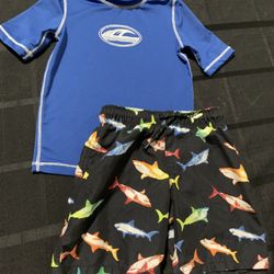 Wonder Nation boys size 4/5 shark swim trunks abd Koala Kids size 4T shark fin rash guard 